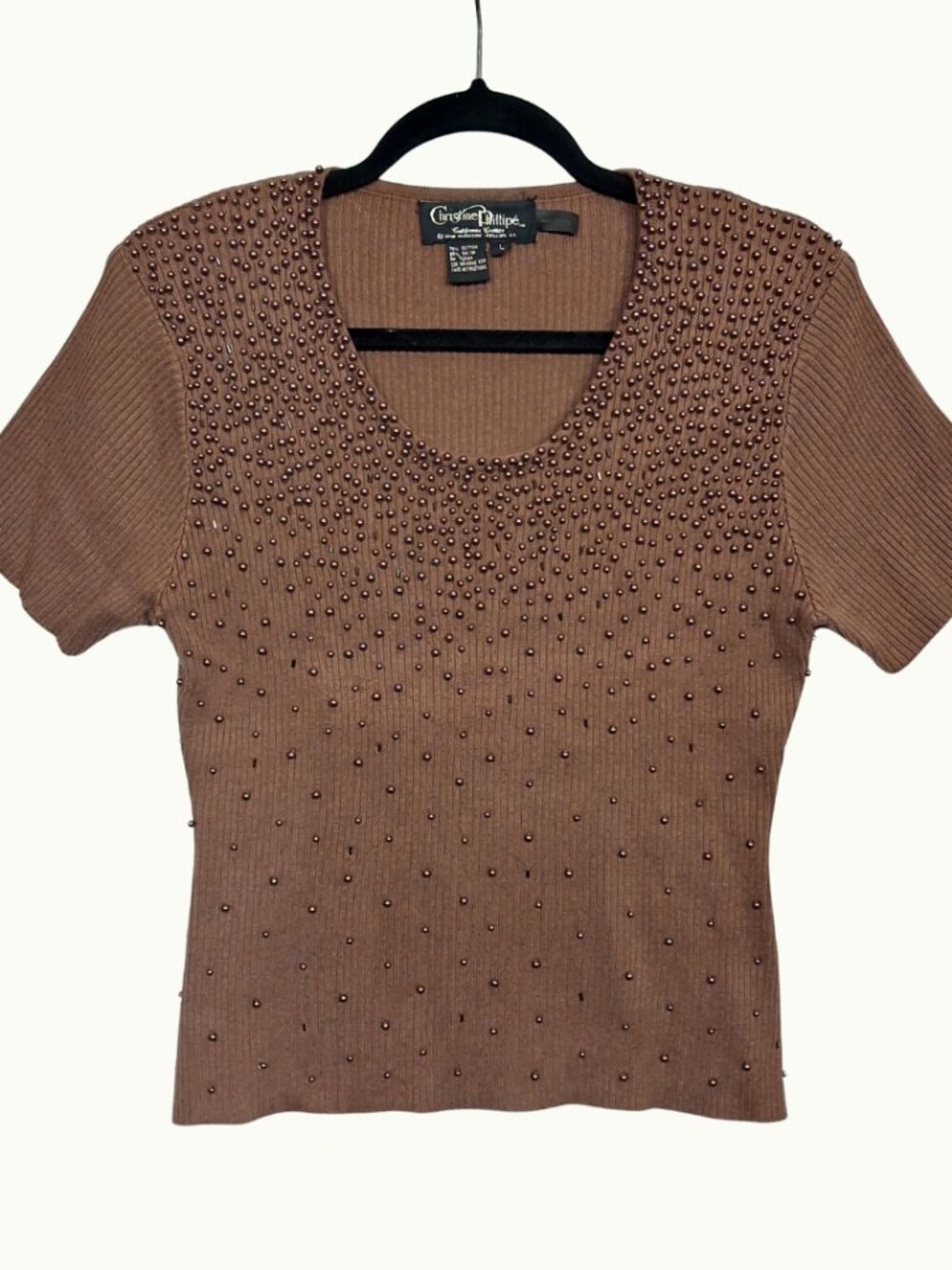 VTG CHRISTINE PHILLIPE Beaded Brown Top Short Sleeve Ribbed Knit Large 1998